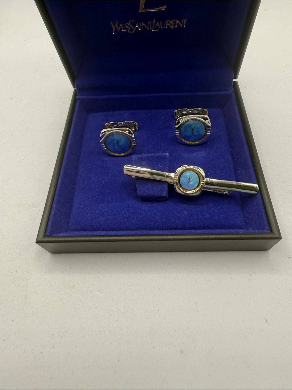 Yves Saint Laurent Silver Tie Bar and Cufflinks with Blue Stone Accents
